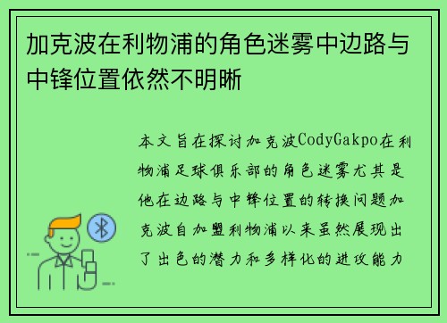 加克波在利物浦的角色迷雾中边路与中锋位置依然不明晰 加克波在利物浦的角色迷雾中边路与中锋位置依然不明晰